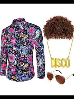 4 Pcs 70s Disco Costume for Men 60s Outfits Vintage Disco Shirt Wig Sunglasses